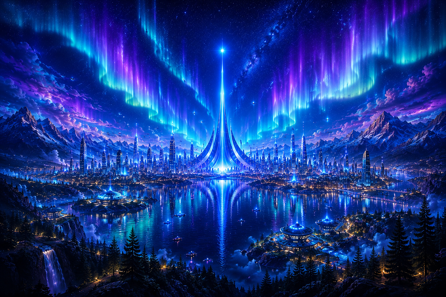 Bredt filmatisk bilde av Lumora Horizon med Lumora Tower, speilinger i innsjøen, fjell og nordlys.