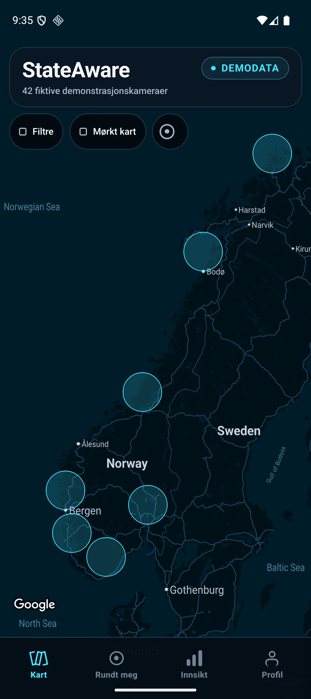 Verifisert StateAware-utviklingsbygg på Android-emulator med Google Maps og tydelig merket demodata