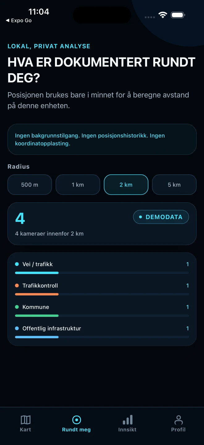 StateAware Rundt meg-utviklingsskjerm med fiktive demodata