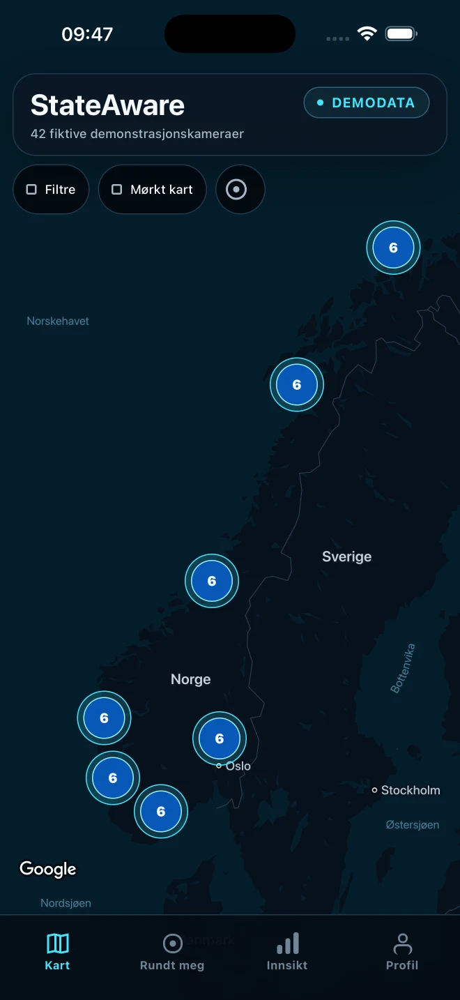 Verifisert StateAware-utviklingsbygg på iPhone-simulator med Google Maps og tydelig merket demodata